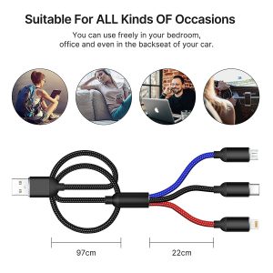 Multi Charging Cable, Multi Charger Cable Nylon Braided 3 in 1 Charging Cable Multi USB Cable Fast Charging Cord with Type-C, Micro USB and IP Port, Compatible with Most Phones & iPads