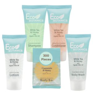 Eco Botanics Hotel Soaps and Toiletries Bulk Set | 1-Shoppe All-In-Kit Amenities for Hotels | 0.85oz Hotel Shampoo & Conditioner, Body Wash, Body Lotion & 0.89oz Bar Soap Travel Size