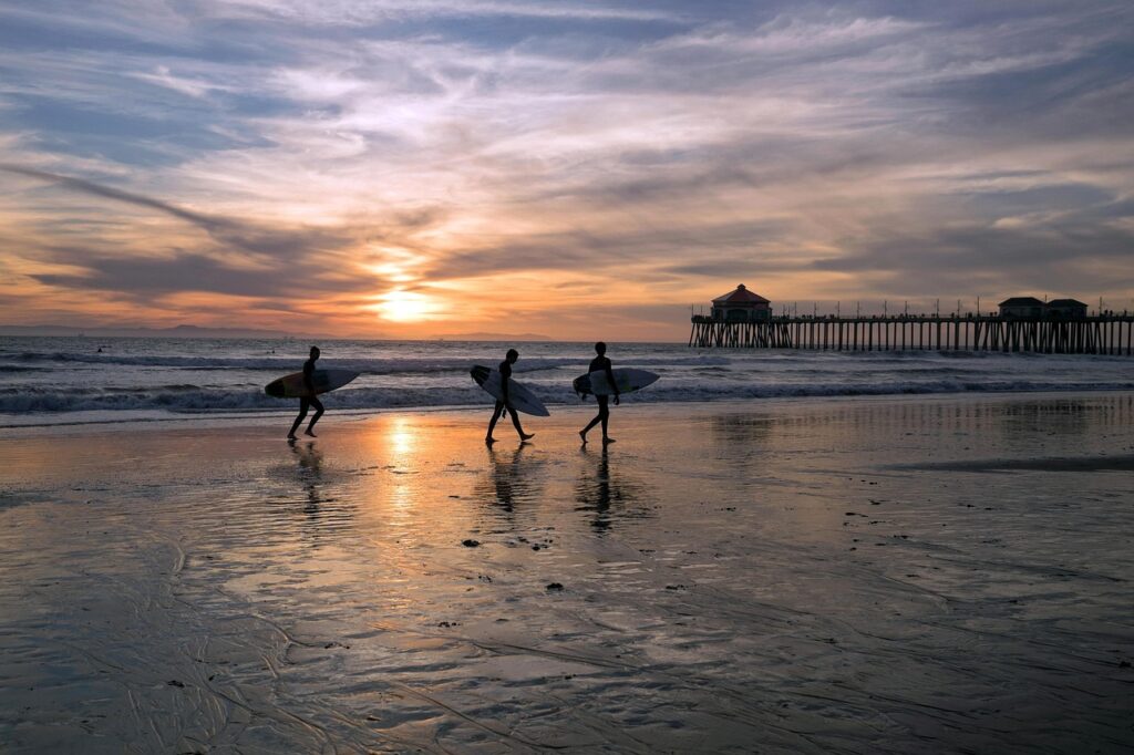 surfer, huntington, nature, beach, california, ocean, sports, surfing, glow, sunset, waves, vacation