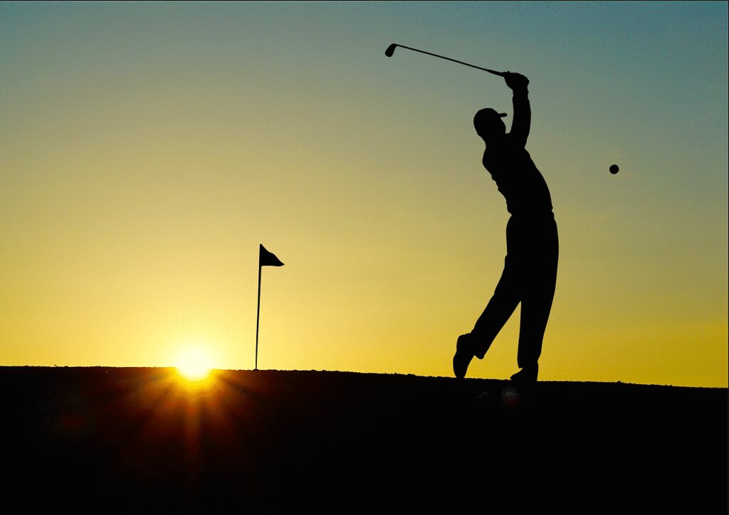 golf, golfed, sunset, sports, nature, golfer, golf clubs, single hole flag, outdoor, man, human, fitness, active, elegant