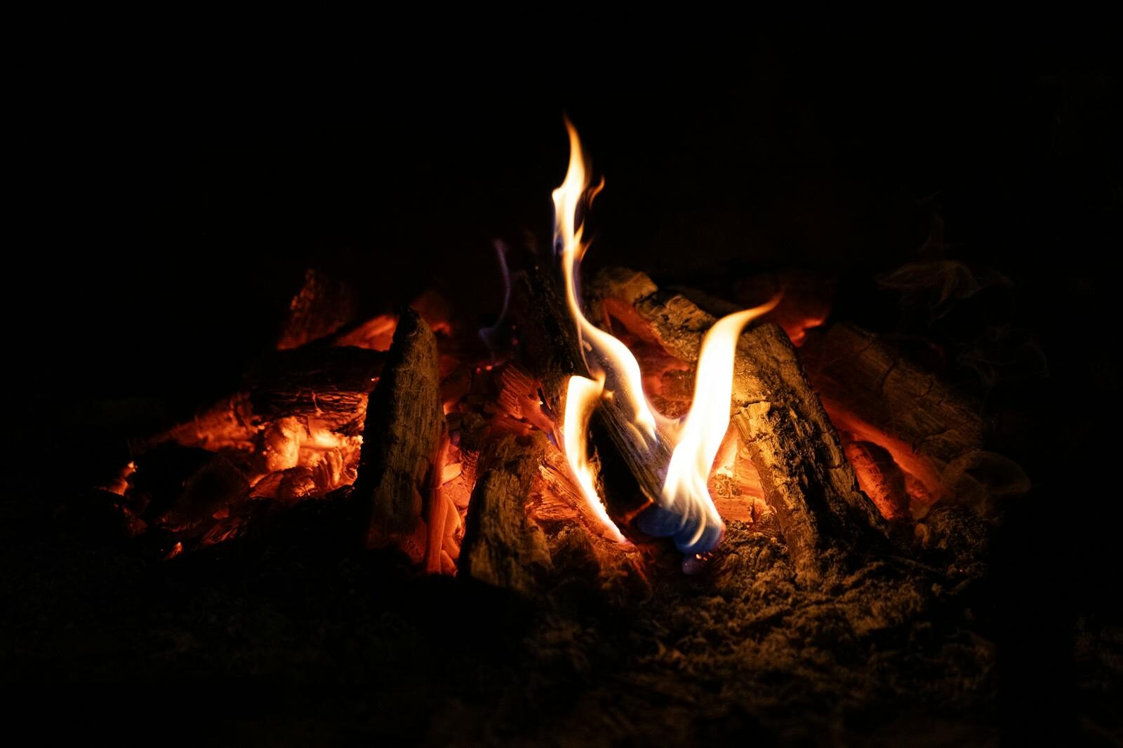 A vivid campfire with glowing embers and flames creating warmth in the night outdoors.