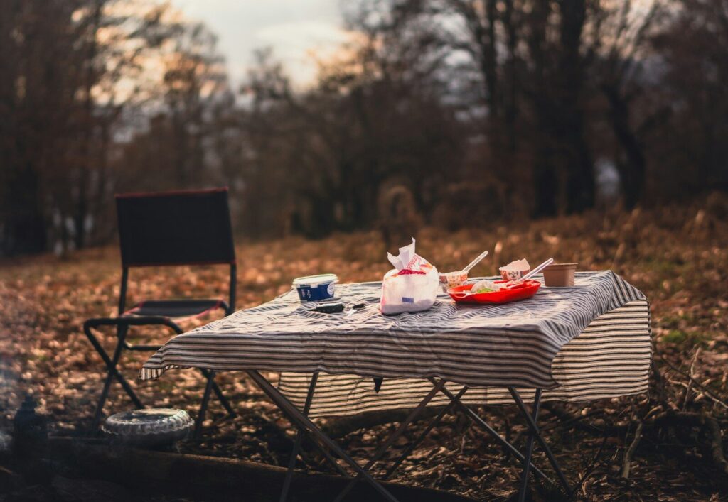 A picnic table with food on it in the woods
