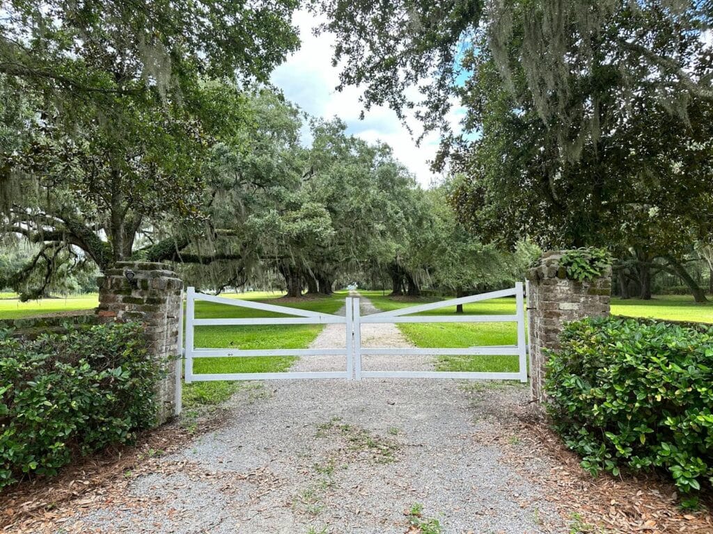 White gate leading to a scenic plantation road in Yemassee, SC.