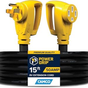 Camco Power Cord; Power Grip ™; Power Supply Cord; STW - 14.50P/ 14.50R; 50 Amp; 6/8 Gauge Wire; 15 Foot Length; Black; With Plug Head Handle; With Carrying Strap