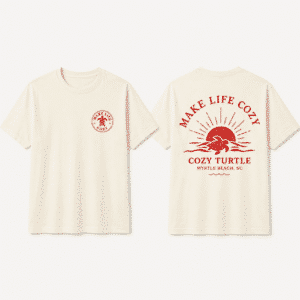 Coastal Sunrise Make Life Cozy camping graphic tee with sunrise design