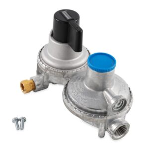 Camco Propane Regulator; Without Shut Off Valve; 1/4 Inch NPT Inlet and 3/8 Inch NPT Outlet; Outlet Pressure of 11 Inch WC (Water Column); Two Stage Auto Changeover; Without Hose; Approved For RV Use; Vertical Mount
