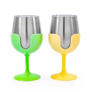 Camco Drinking Glass; Life Is Better At The Campsite ™; Wine Glass; 18/ 8 Grade Stainless Steel With BPA Free Lid; With 1 Green And 1 Yellow Removable Stem; 8 Ounce; Vacuum Insulated; 2 Pack