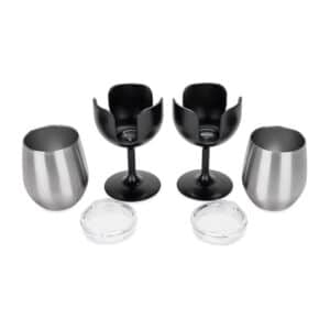 Camco 10-9618 Drinking Glass; Life Is Better At The Campsite ™; Wine Glass; 18/ 8 Grade Stainless Steel With BPA Free Lid; With 2 Black Removable Stem; 8 Ounce; Vacuum Insulated; 2 Pack; Hand Wash Only; Not Microwavable