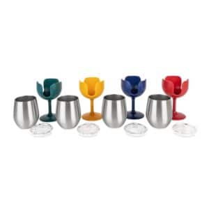Camco Drinking Glass; Life Is Better At The Campsite ™; Wine Glass; 18/ 8 Grade Stainless Steel With BPA Free Lid; With 1 Vintage Navy/ 1 Red/ 1 Yellow/ 1 Green Removable Stem; 8 Ounce; Vacuum Insulated; 4 Pack; Hand Wash Only; Not Microwavable