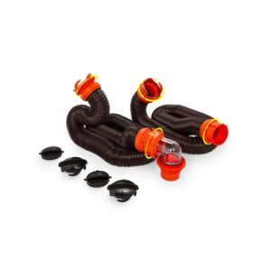 Camco Sewer Hose; RhinoFLEX ™; 20 Foot Extended Length; 3 Inch Diameter; 23 Mil Polyolefin Reinforced With Steel Wire; Black Hose; With Swivel Lug/ Swivel Bayonet Fittings/ Translucent Elbow With 4-In-1 Fitting