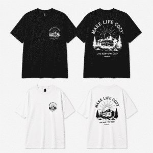 Cozy Turtle black/white camper graphic tee with Make Life Cozy front and back print