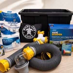 Cozy Essentials RV starter kit with Camco water hose, sewer hose, water filter, wheel chocks and RV camping supplies